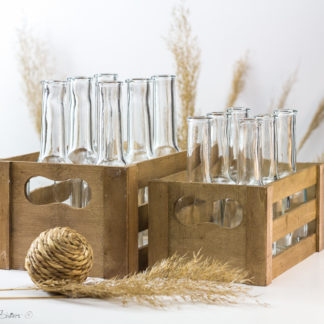 Set of 6 Bottles and Wooden Crate/ Rustic Wedding Drinking Glasses Alternative/ Bar Decor